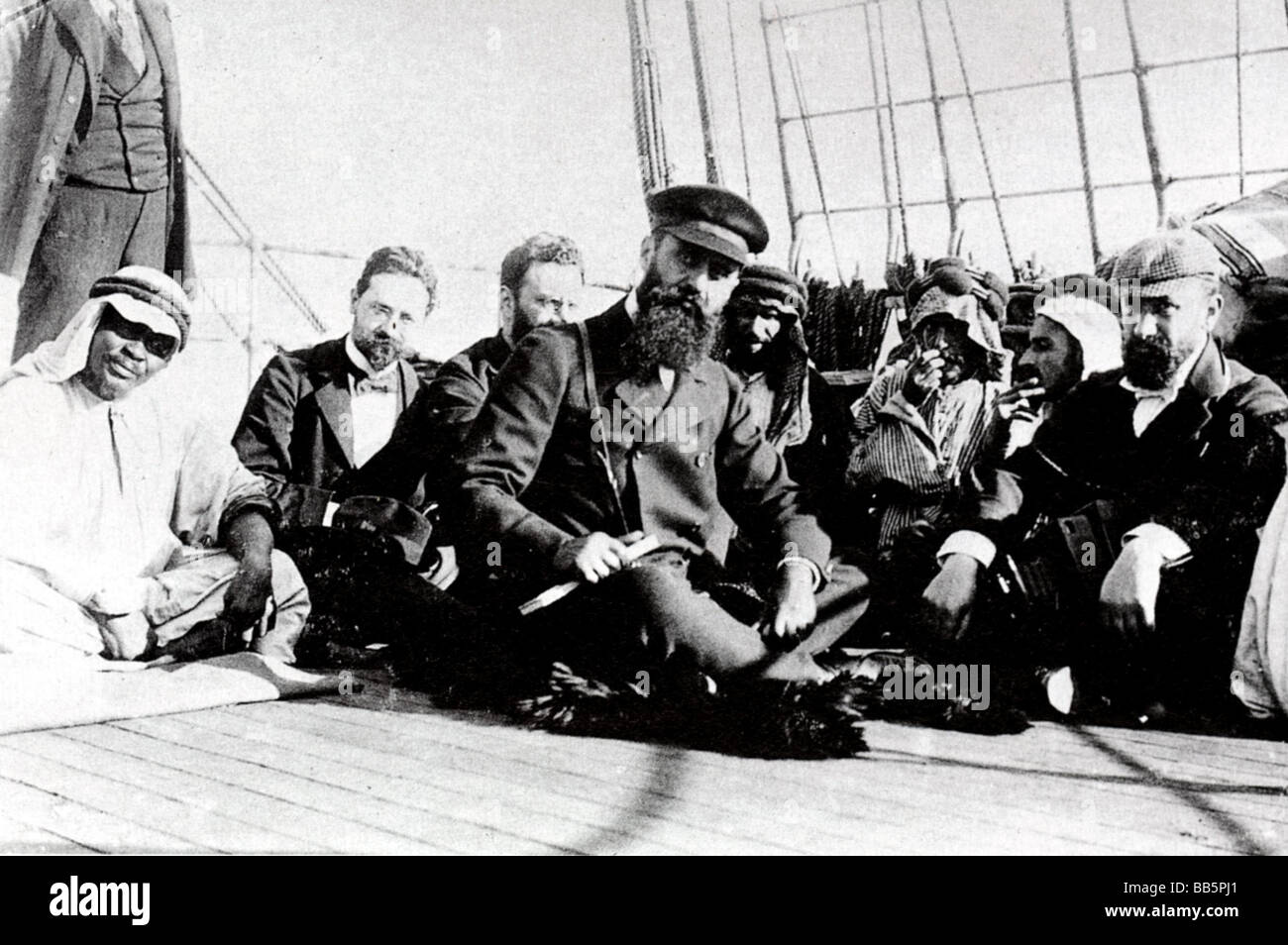 Herzl, Theodor, 2.5.1860 - 3.7.1904, Hungarian Austrian author / writer and politician, full length, with zinonist delegation, on deck on ship 'Imperator', on the way to Palestine, October 1898, Stock Photo