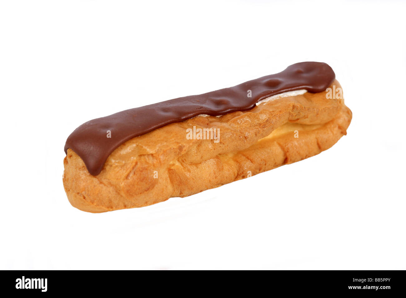 A single Chocolate Eclair against a white background Stock Photo