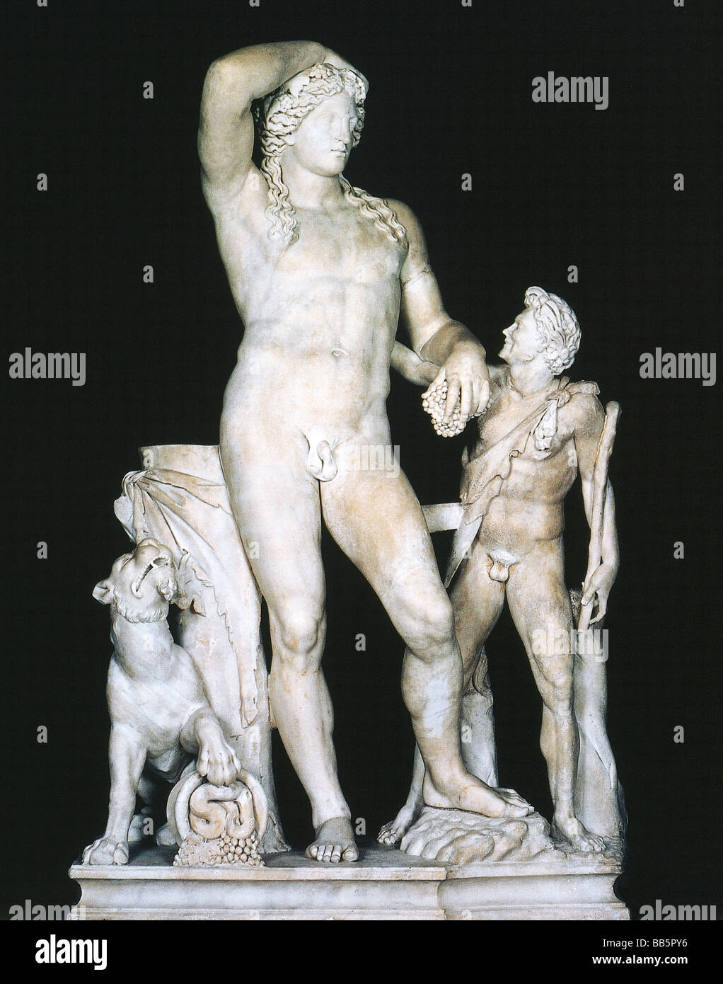 Dionysus (Latin: Bacchus), Greek god of wine, with satyr, marble, Ludovisi collection, Capitoline Museums, Rome, full length, Stock Photo