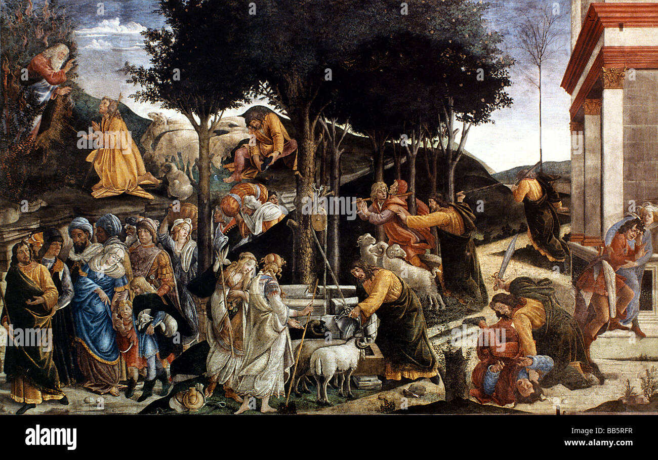 fine arts, Botticelli, Sandro (1444/5 - 1510), Italian painter, 'History of Moses', fresco, 348,5 x 558 cm, Sistine Chapel, Vati Stock Photo