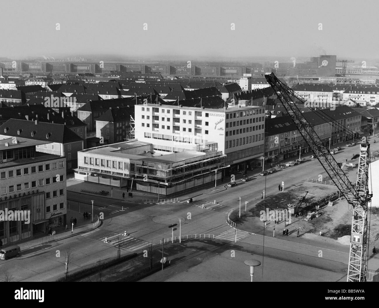 goegraphy / travel, Germany, Wolfsburg, city views / cityscapes, view from 10th level of the town hall towards Volkswagen factory, circa 1957, Stock Photo