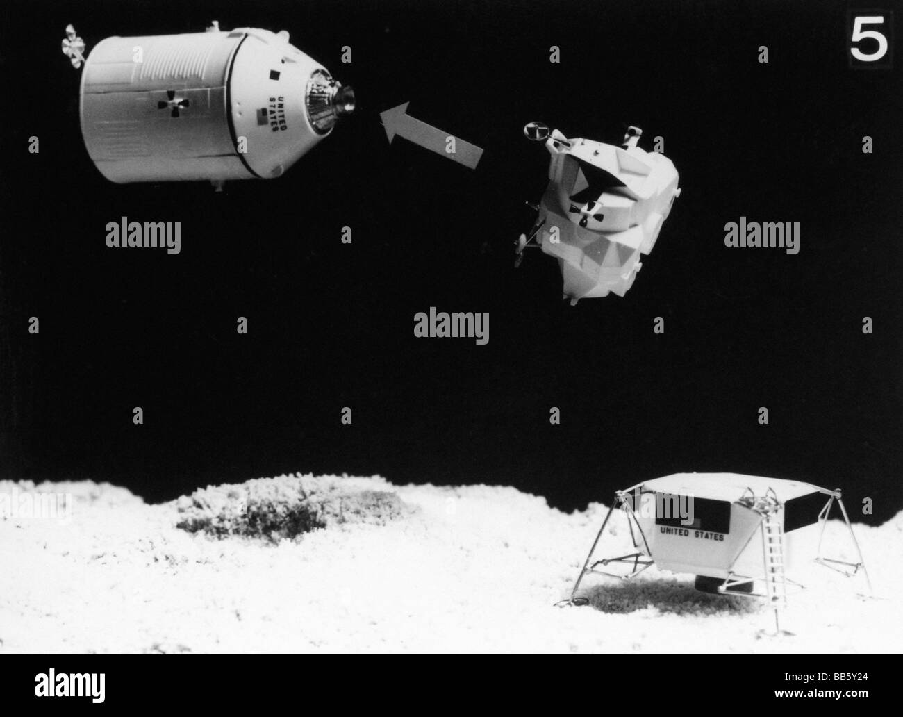 astronautics, Apollo 11, moon landing, miniature of spaceship, space modul and landing modul, deconnected, on moon surface, 1969, historic, historical, 20th century, 1960s, 60s, NASA, lunar mission, space travel, command capsule, Stock Photo