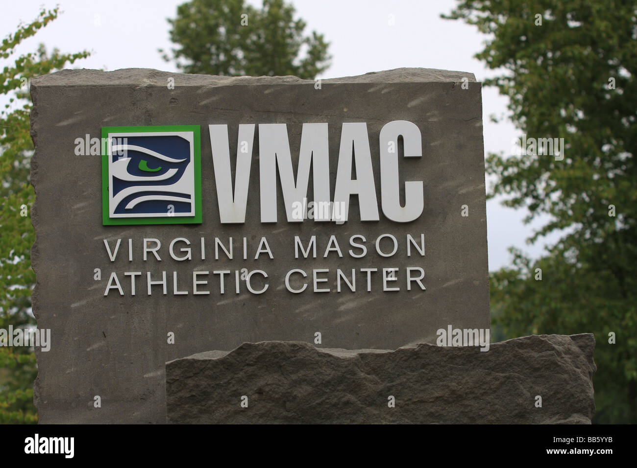 The sign at the entrance to the Virginia Mason Athletic Center, the team headquarters of the Seattle Seahawks. Stock Photo