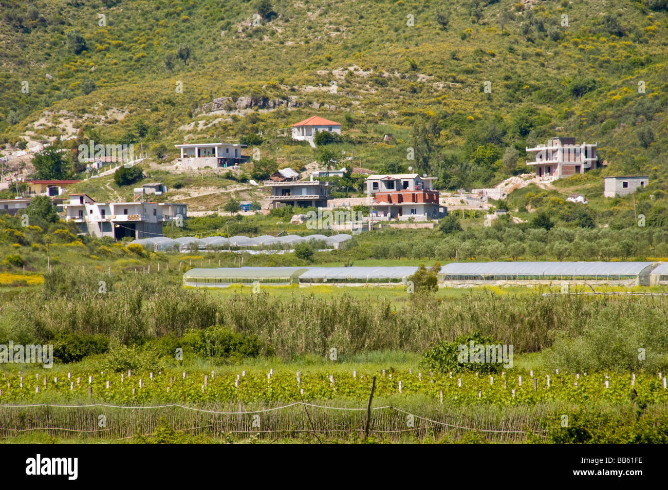 View over farmland at Karahaxh rural village in the Republic of Albania