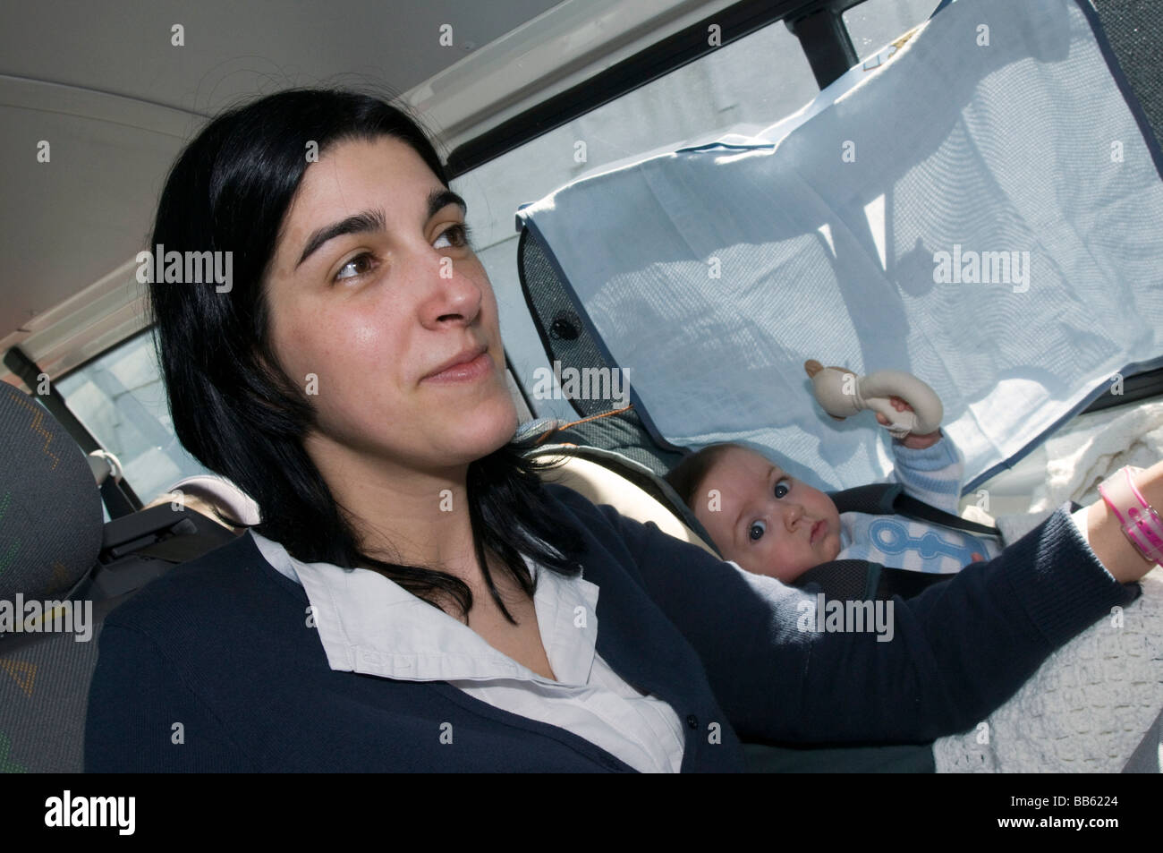 mother and child inside the car Stock Photo