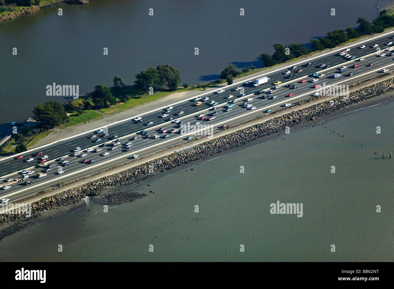 aerial view above rush hour commute traffic interstate 80 I-80 Berkeley California Stock Photo