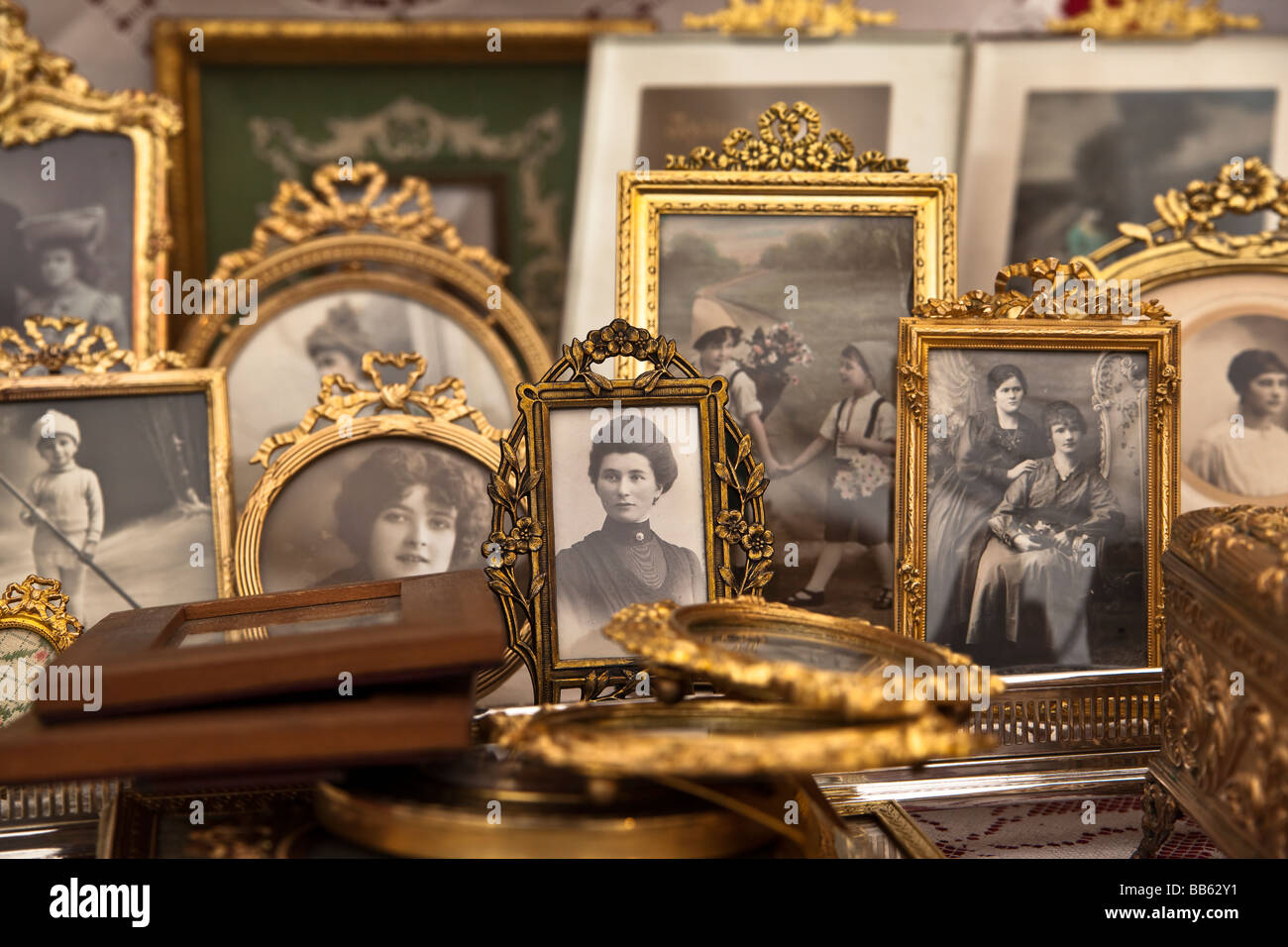 Antique photographs portraits in gold frames Neuchatel Switzerland. Charles Lupica Stock Photo