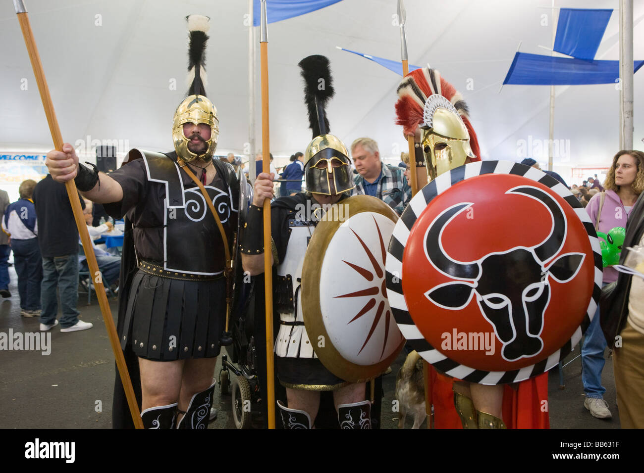 Three men dressed as Greek warriors at Greek Festival Albany New York Stock Photo
