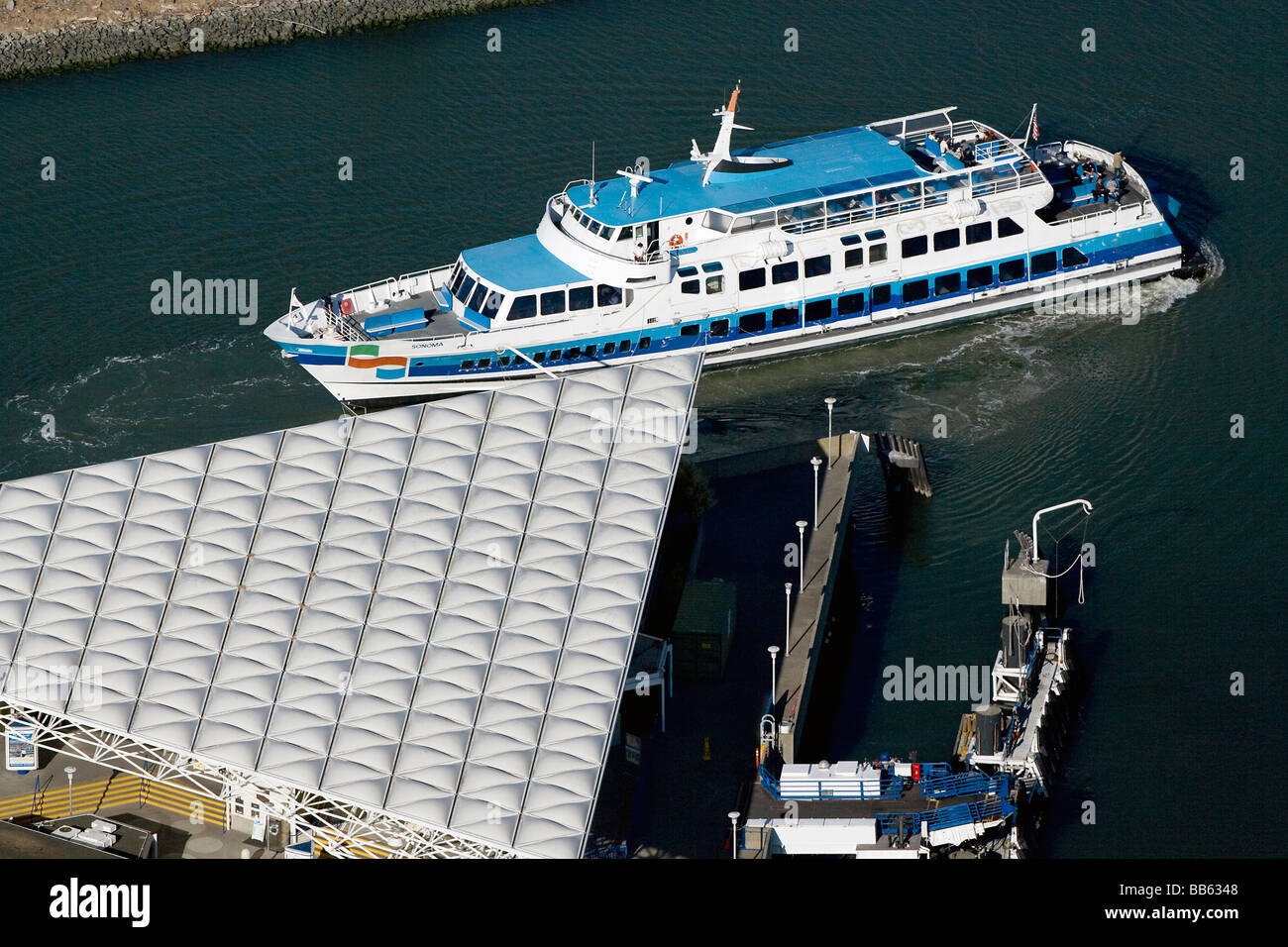 aerial view above Golden Gate transit commuter ferry Larkspur California Stock Photo