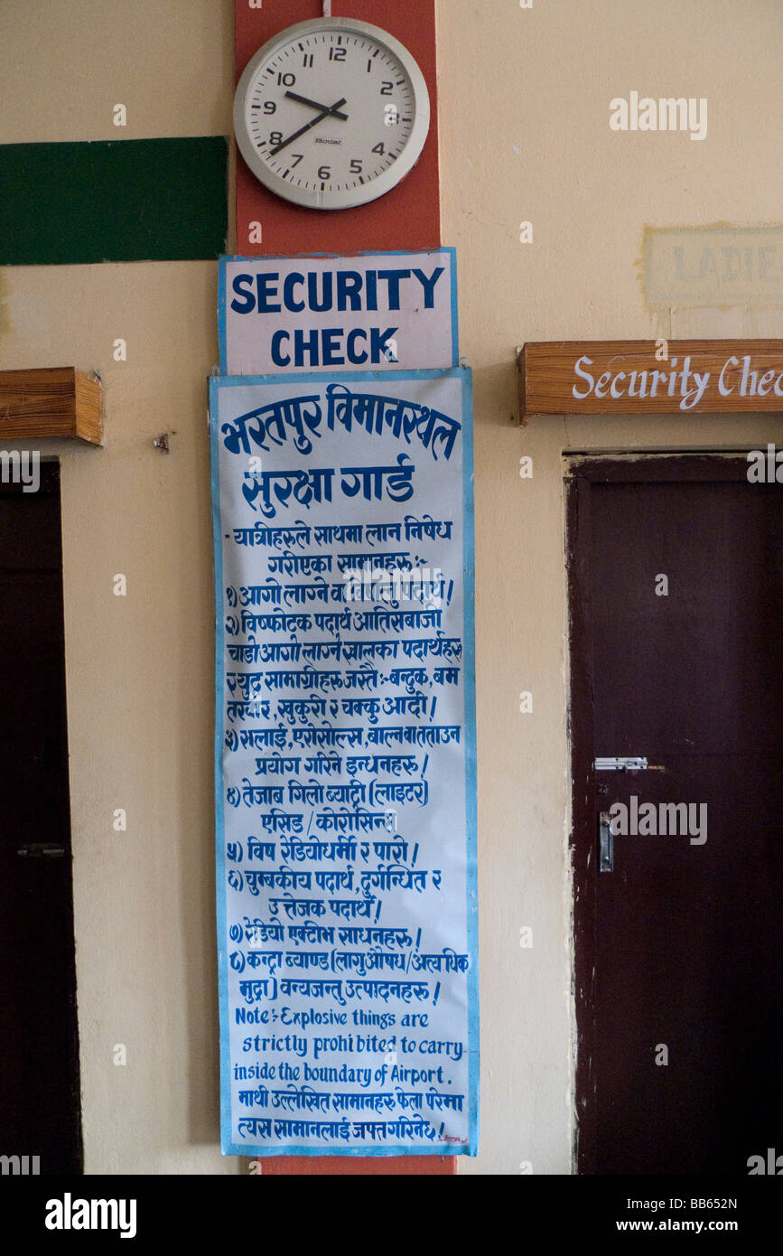 Buddha Airline airport Bharatpur. security notice board. explosives