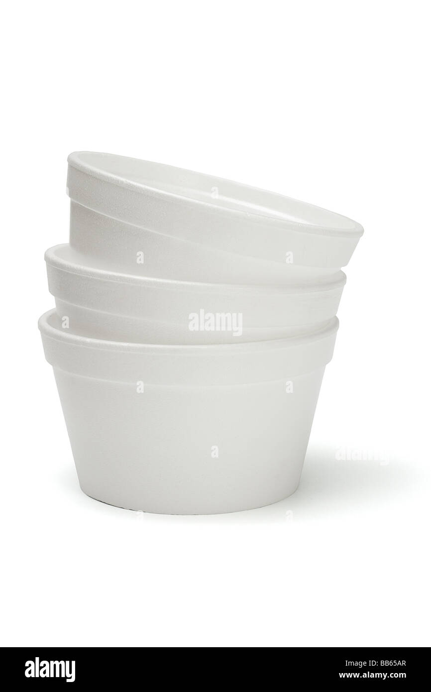 Styrofoam bowls stacked together on white background Stock Photo
