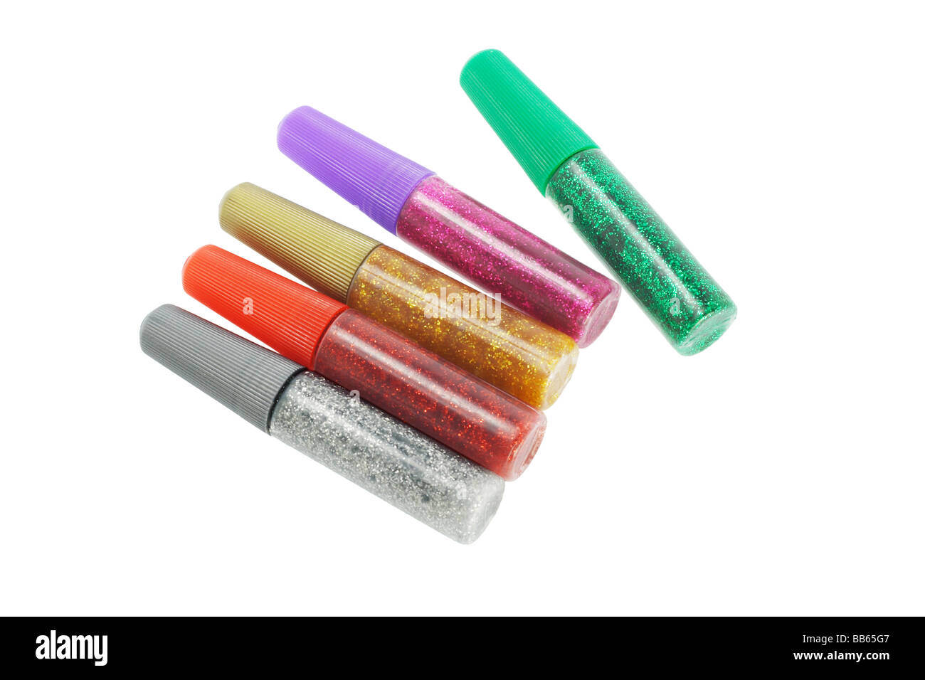 Five tubes of glitter glue of various colors on white background Stock Photo