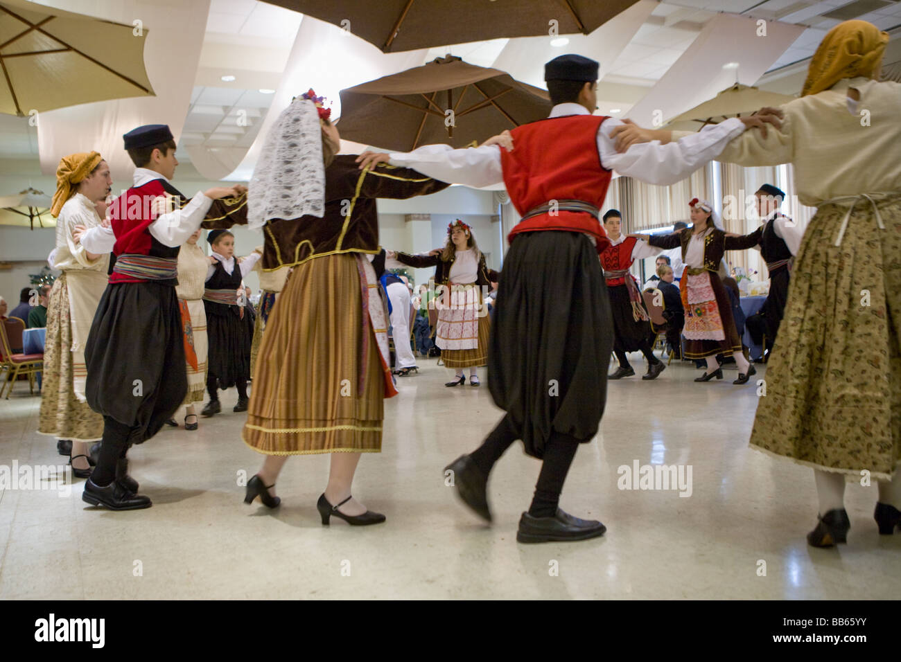 Boys and girls dancing traditional Greek Festival Albany New York Stock Photo