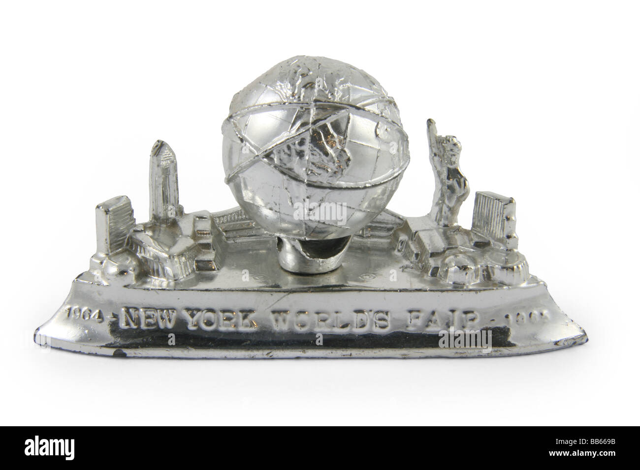 Souvenir from the 1964-65 New York World's Fair, with Unisphere and New York City skyline. Stock Photo