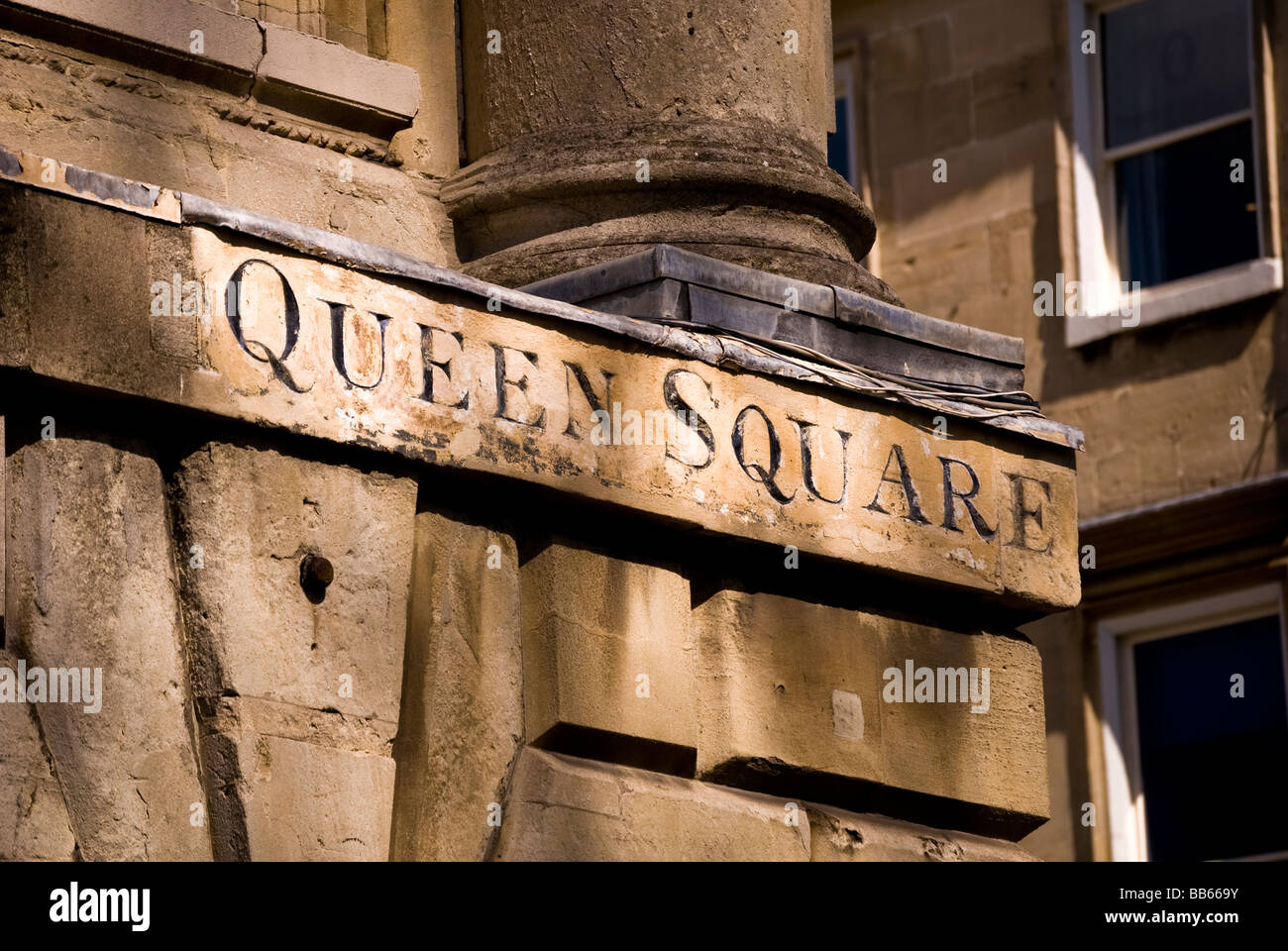 'Queen Square' chiselled in stone on the corner of a building, Bath, Somerset, England, UK Stock Photo