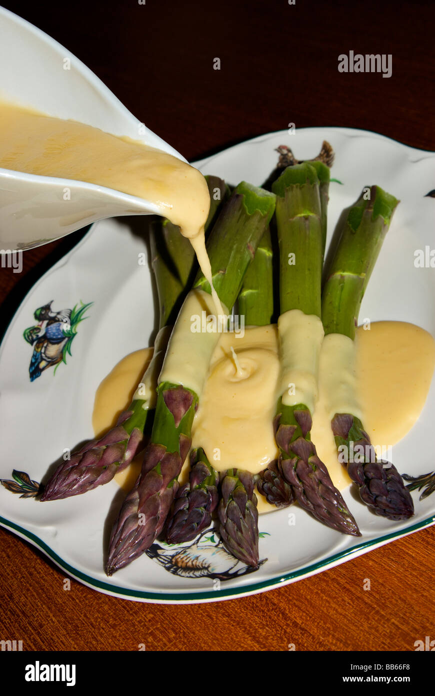 Thick stalks steamed asparagus with cheddar cheese sauce Stock Photo
