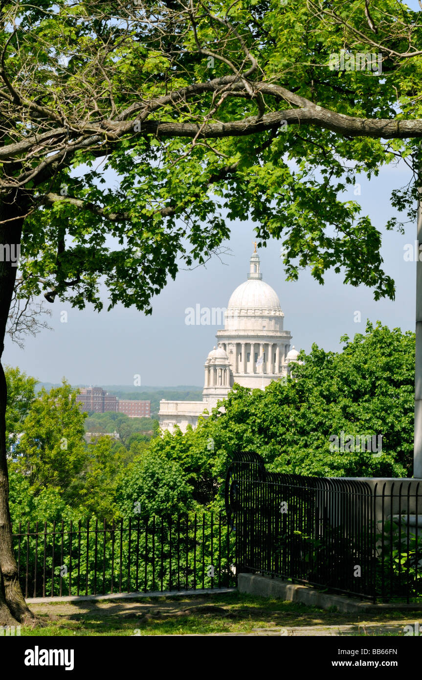Rhode Island State House in Providence from a hill above with trees Stock Photo