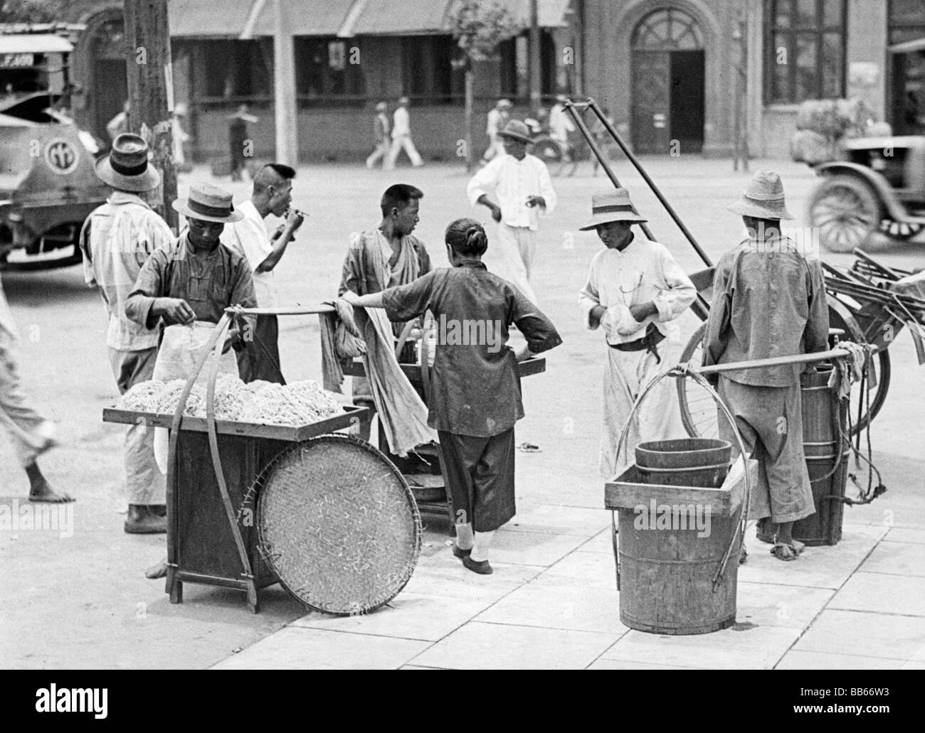 geography / travel, people, street scene, 1st half of the 20th century, street hawker, hawkers, market trader, traders, lorries, rickshaw, ricksha, Asia, passers-by, scenes, historic, historical, Stock Photo