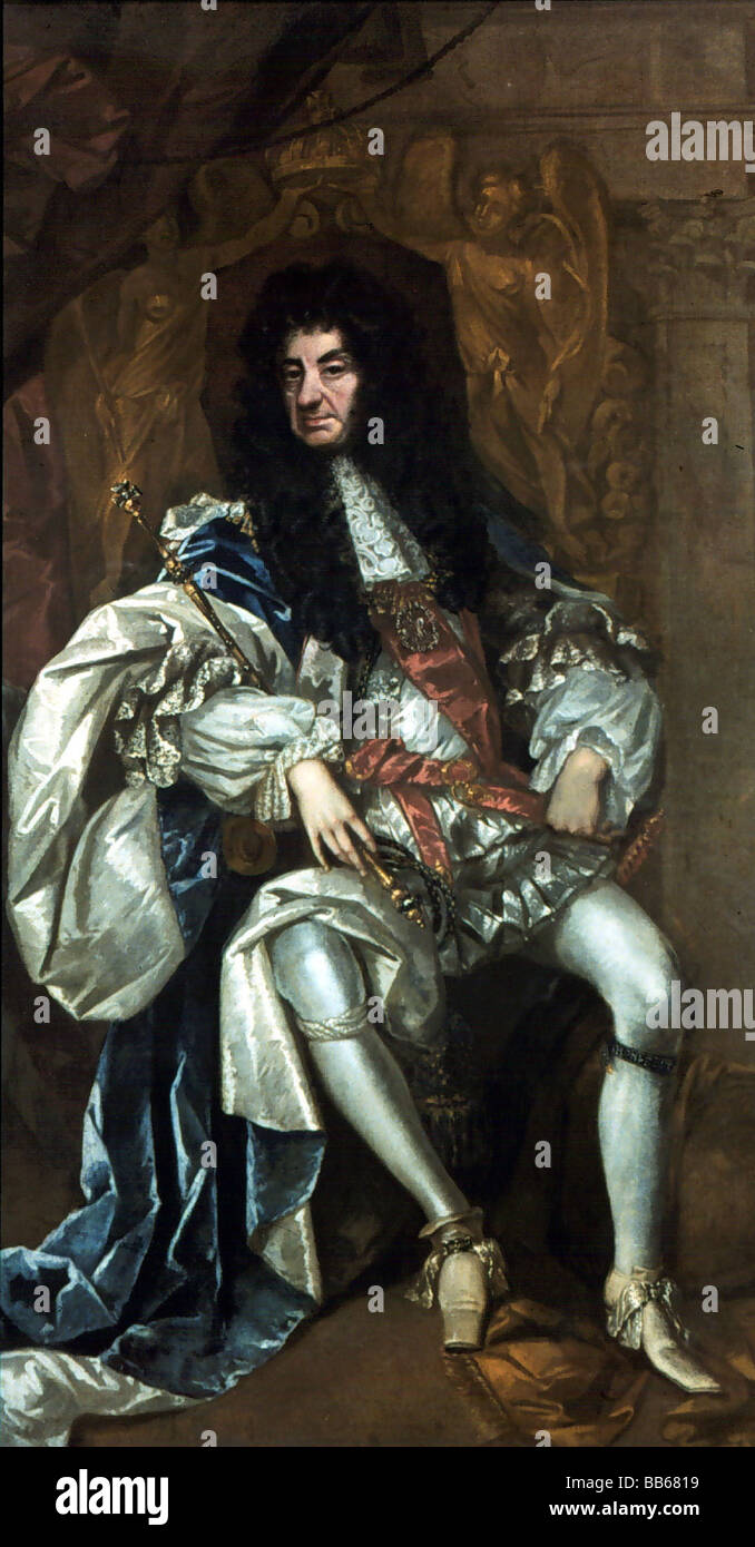 Charles II, 29.5.1630 - 6.2.1685, King of England and Ireland 1660 - 1685, full length, sitting, painting by T. Hawker, Artist's Copyright has not to be cleared Stock Photo