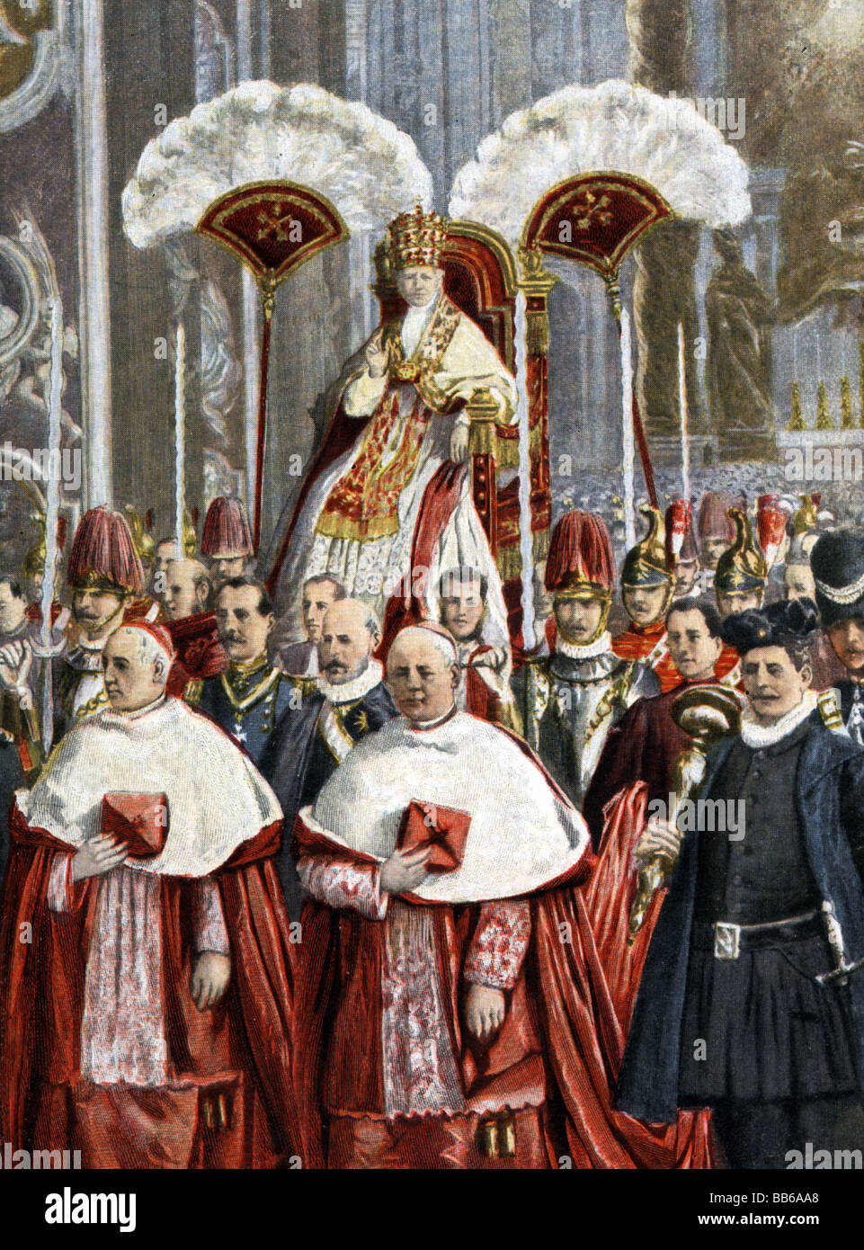 Leo XIII (Vincenzo Gioacchino Pecci), 2.3.1810 - 20.6.1903, Pope 20.2.1878 - 20.6.1903, at a procession, Saint Peters Cathedral, Rome, after painting by E. Nardi, 2nd half 19th century, , Stock Photo