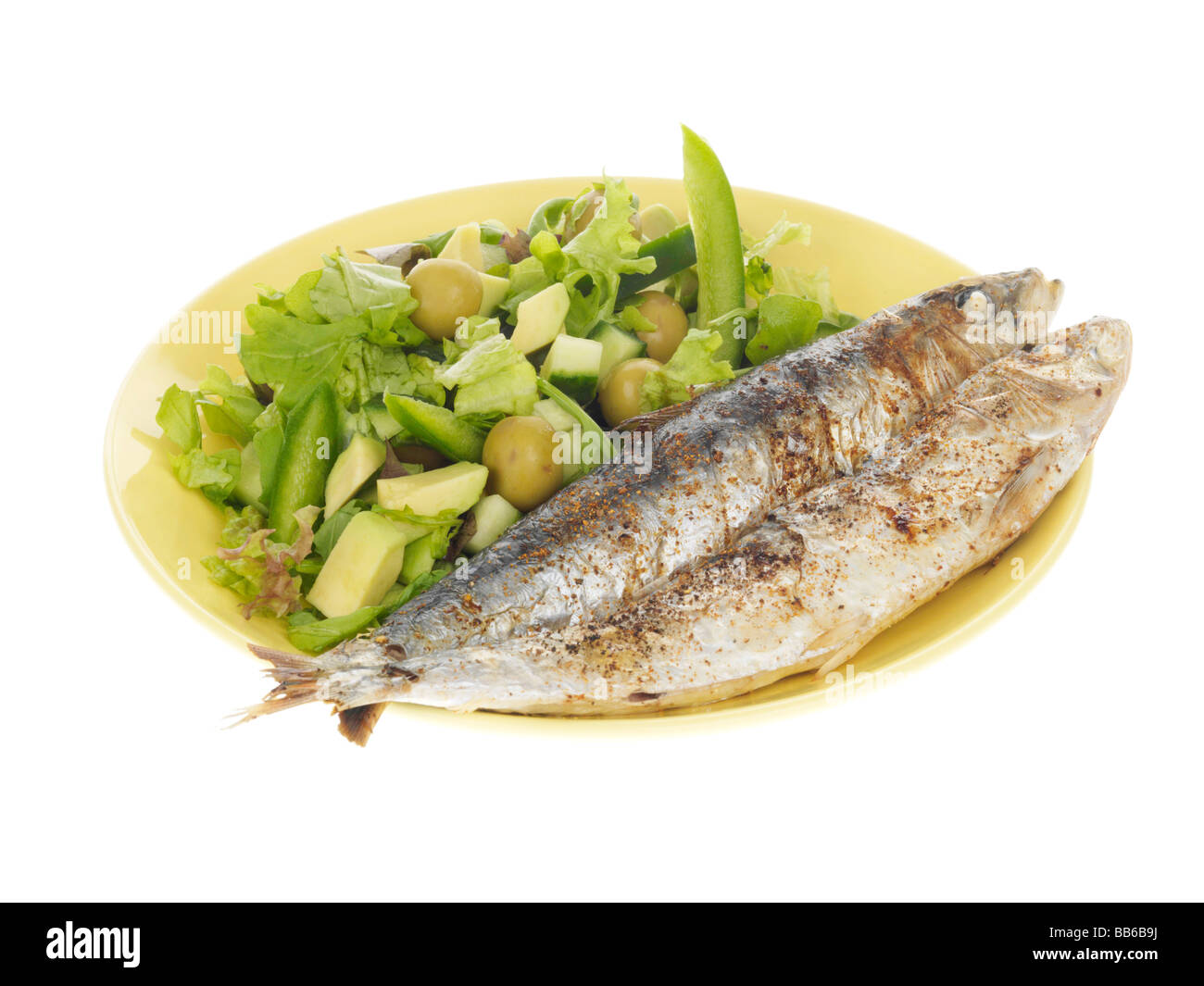 BBQ Sardines with Olive and Avocado Salad Stock Photo Alamy
