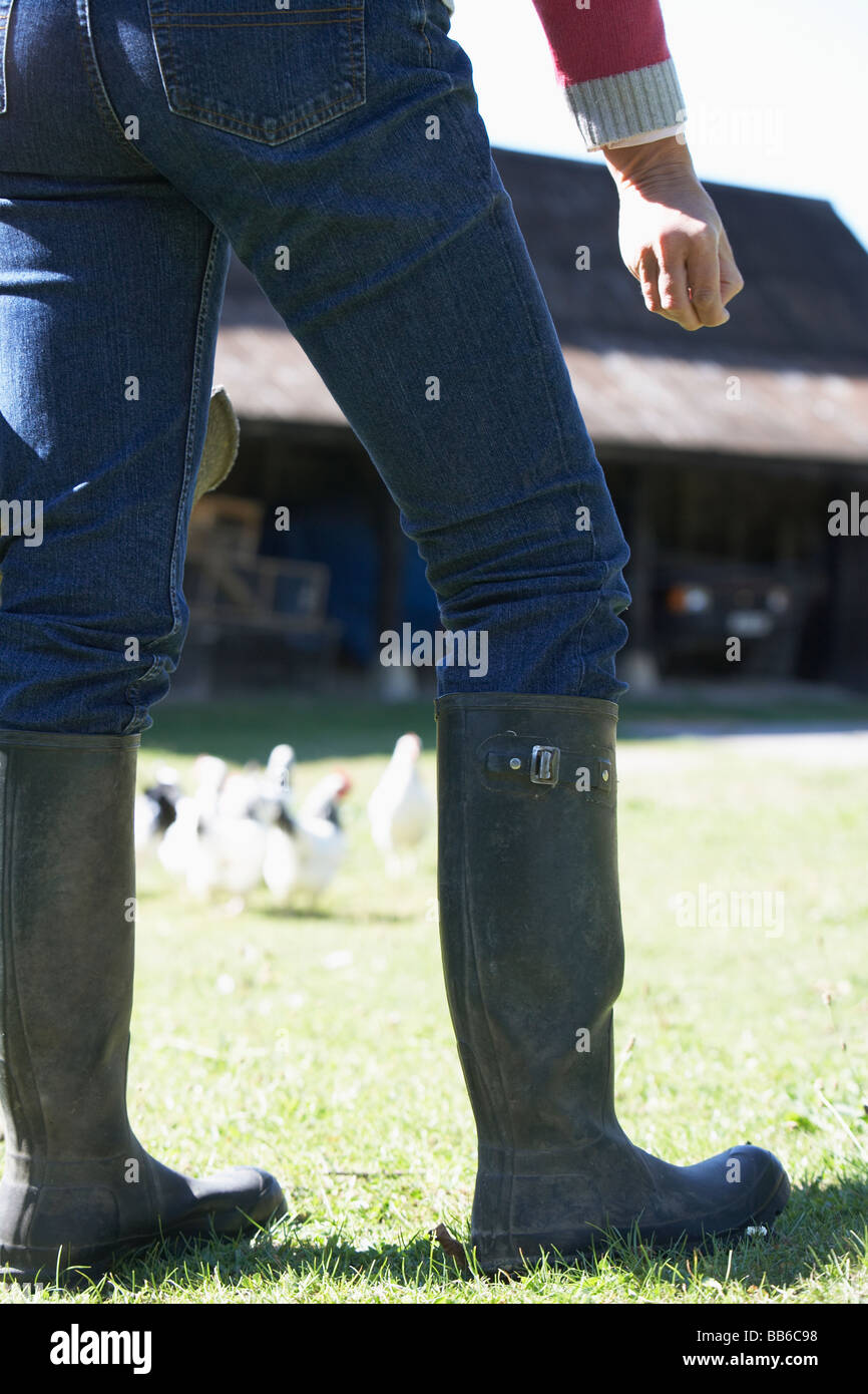 Woman Feeding Poultry In Farmyard Stock Photo