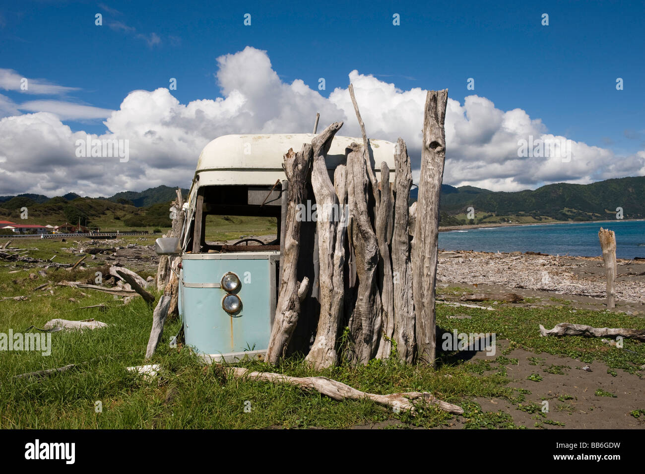 Abandoned Bus, Raukokore, Eastland, North Island, New Zealand Stock Photo