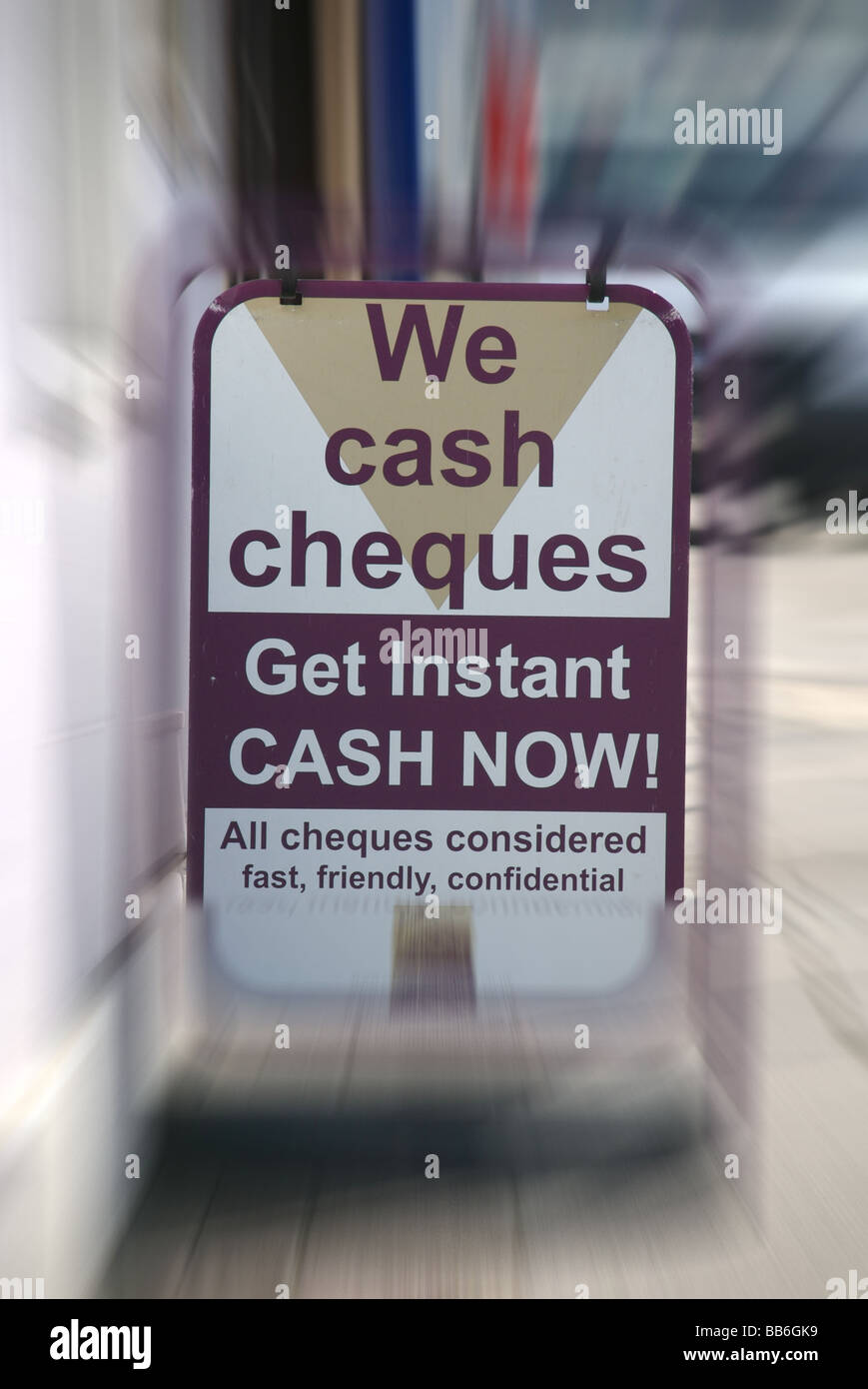 Cash cheques and instant cash sign with zoom effect, Plymouth, Devon ...