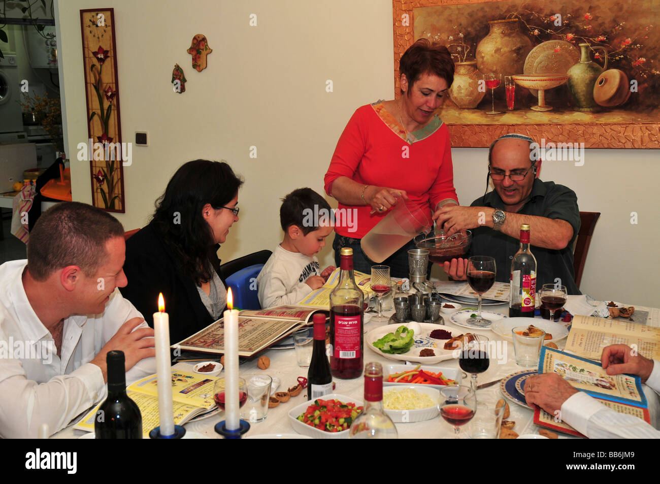 Family around the table for the traditional passover dinner, April 8, 2009. Stock Photo