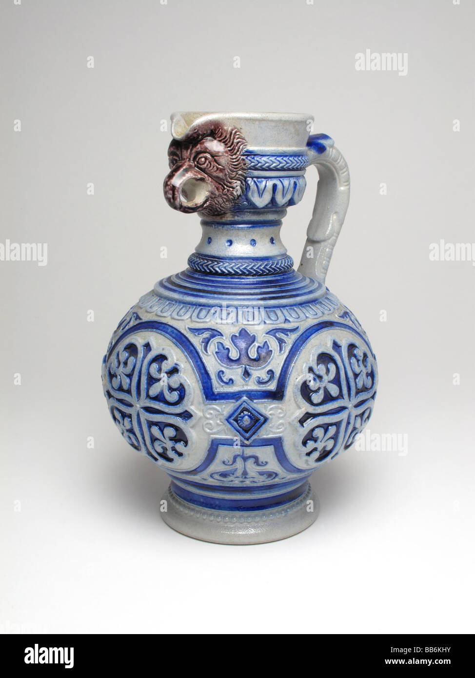 Antique Westerwald stoneware jug with bird spout and Gothic decoration made by Simon Gerz circa 1900 Stock Photo