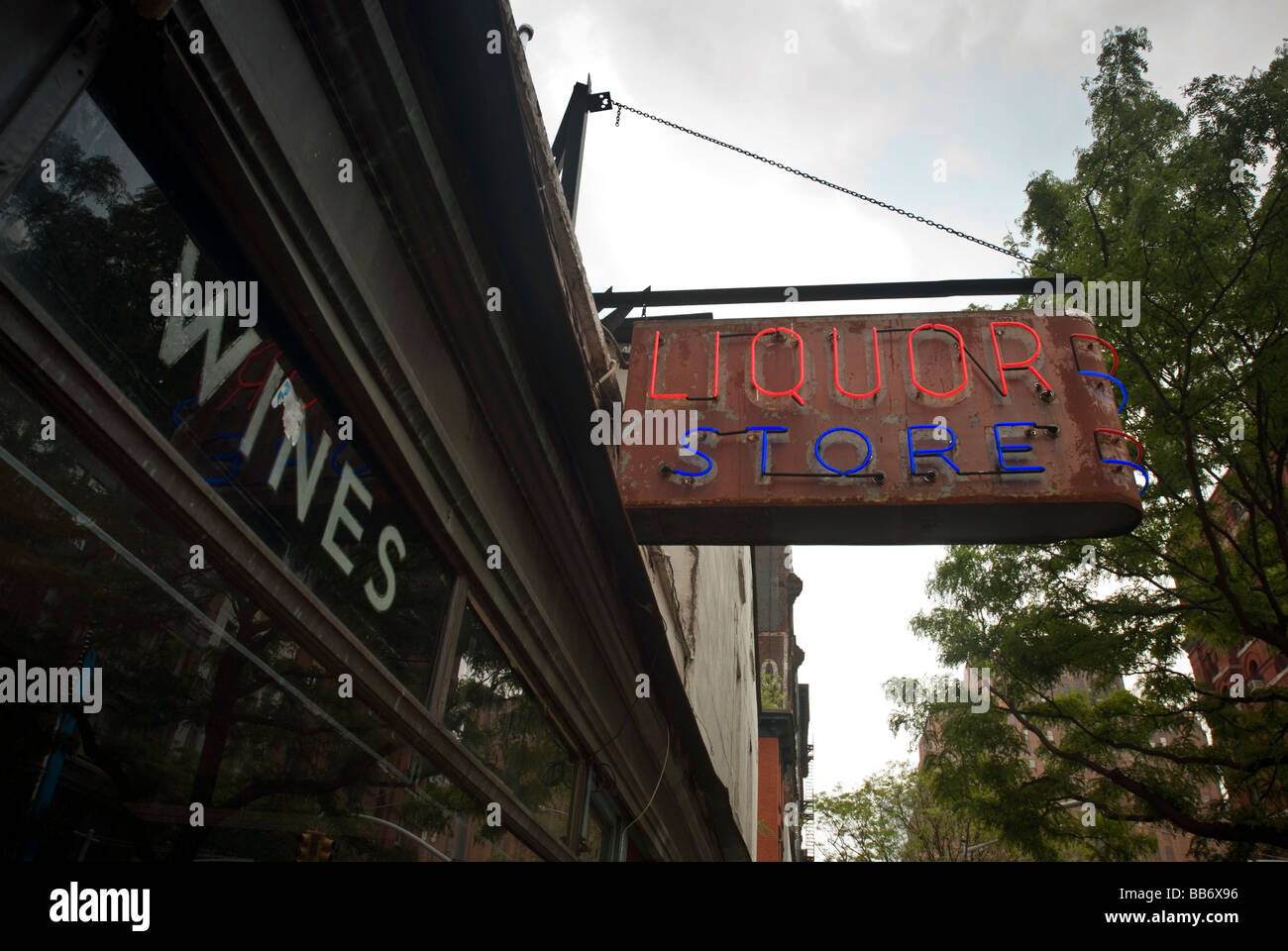 Wines and liquor neon sign in the Tribeca neighborhood of New York