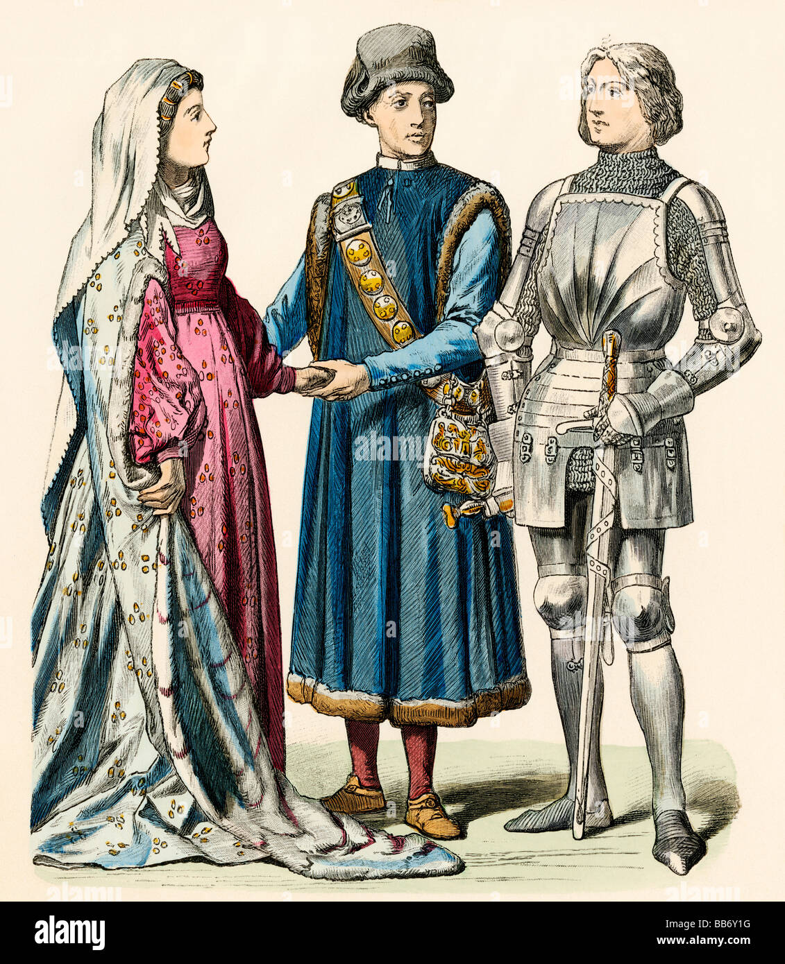 German middle-class couple and a knight early 1400s. Hand-colored print Stock Photo