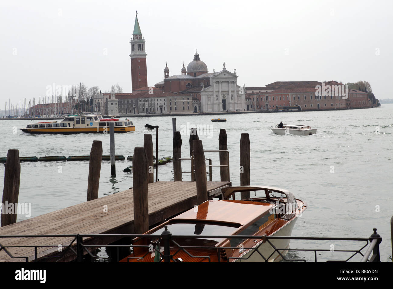View of San Giorgio Maggiore from the piazzetta san Marco with taxi boat in the foreground - Venice - Italy Stock Photo