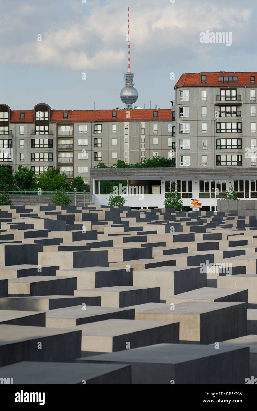Berlin Germany Memorial to the Murdered Jews of Europe aka Holocaust Memorial Fernsehturm TV tower in background Stock Photo