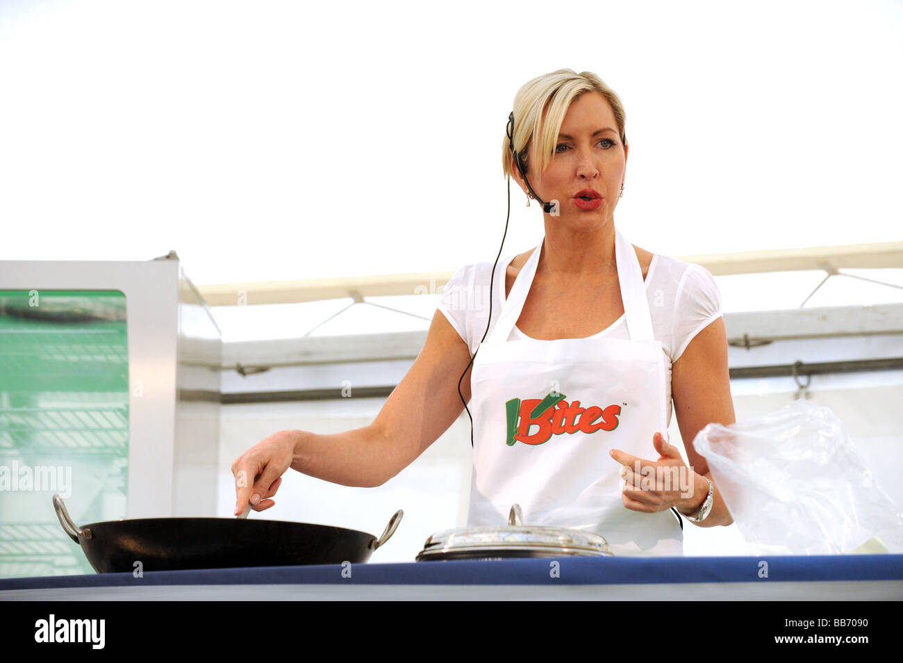 Heather Mills demonstrated the art of vegan cooking inside a packed marquee at the Brighton Foodies Festival Stock Photo