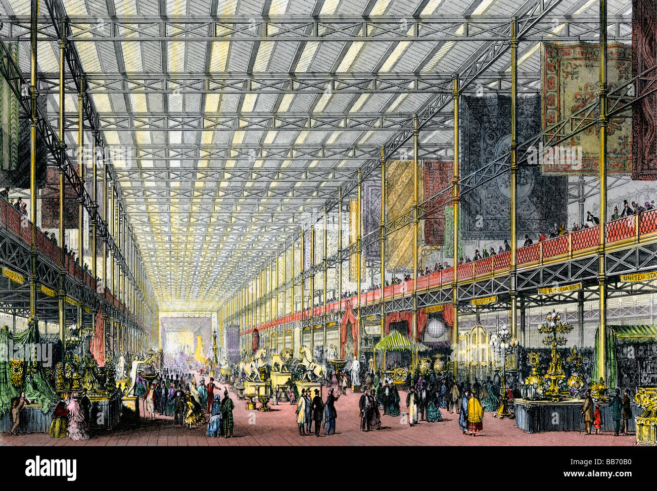 Visitors to the Crystal Palace industrial exposition London 1851. Hand-colored steel engraving Stock Photo