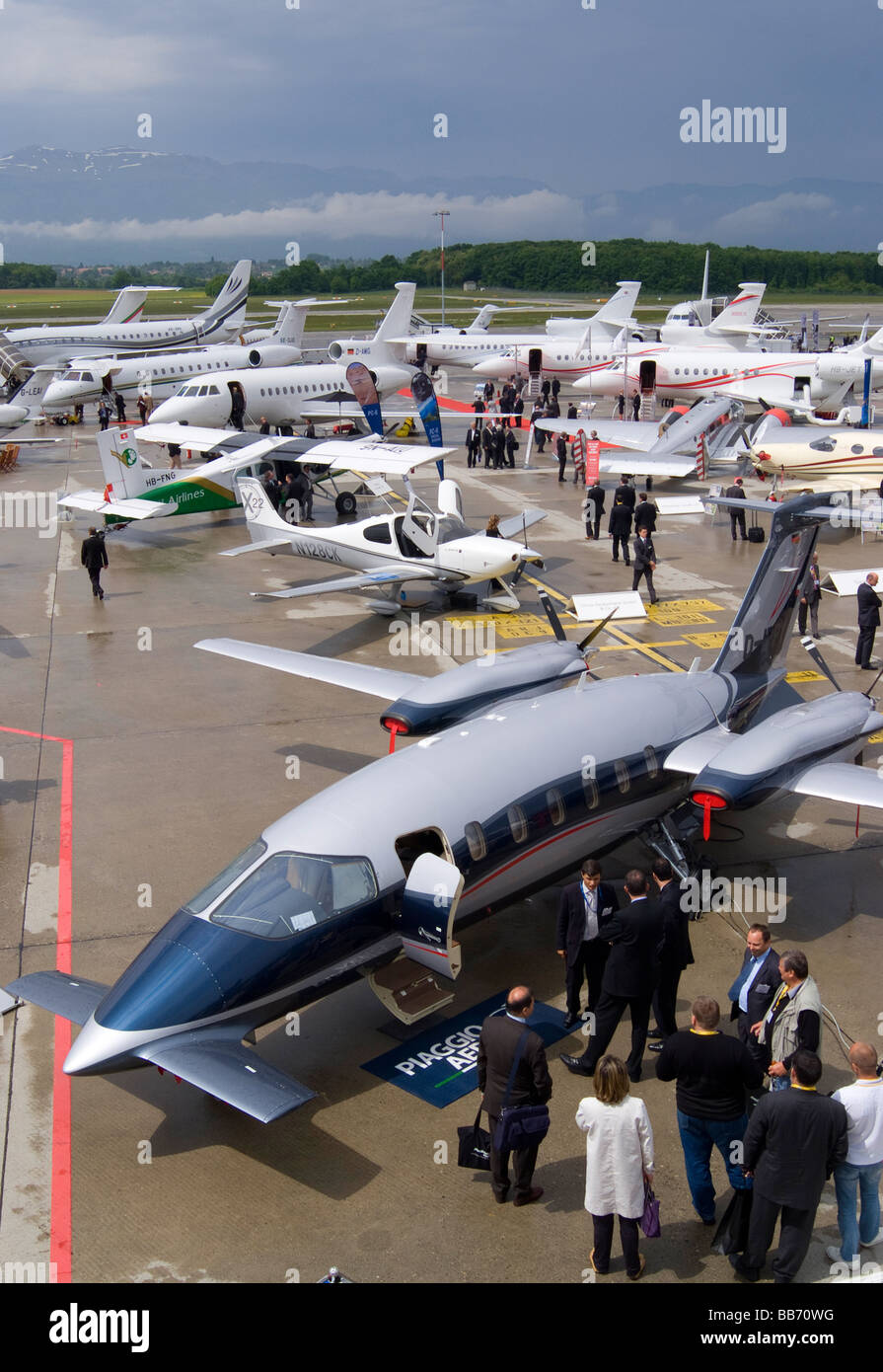 Piaggio P180 Avanti Business Aeroplane and Other Aircraft at Ebace Trade Show Geneva Airport Switzerland Geneve Suisse Stock Photo