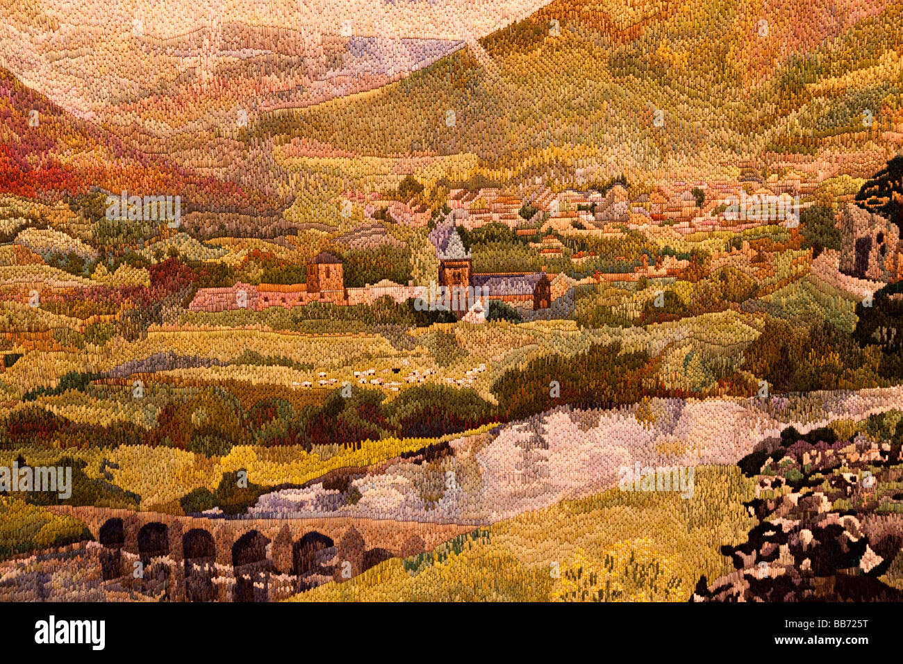 Detail of tapestry of Abergavenny and River Usk Wales UK Stock Photo