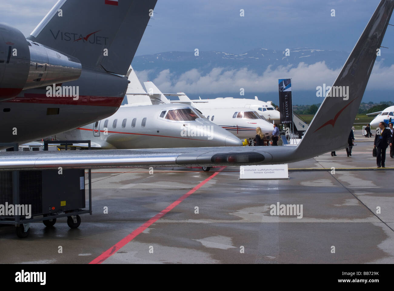 Business Jets On Display at EBACE Aircraft Trade Show at Geneva Airport Switzerland Geneve Suisse Stock Photo