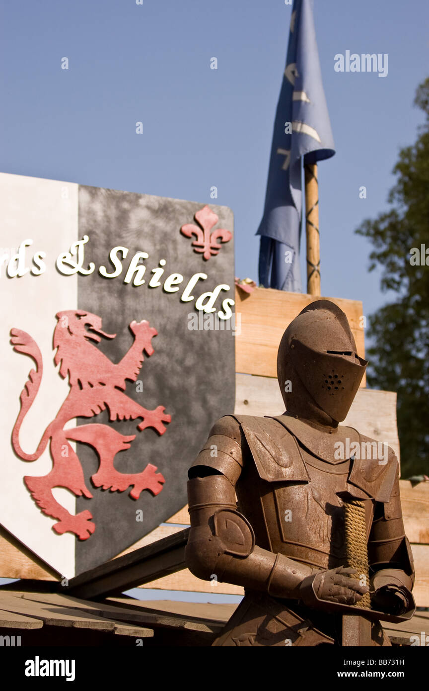A store front of a shield and suit of armor at the Renaissance Pleasure Faire Stock Photo