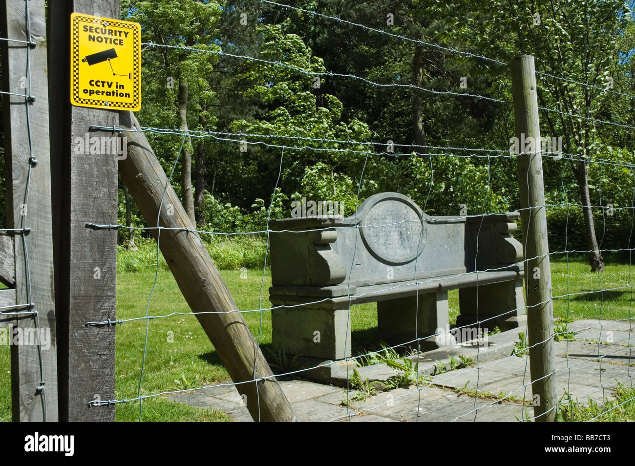 Wilberforce Seat behind barbed wire and watched by CCTV, Keston, Kent. Stock Photo