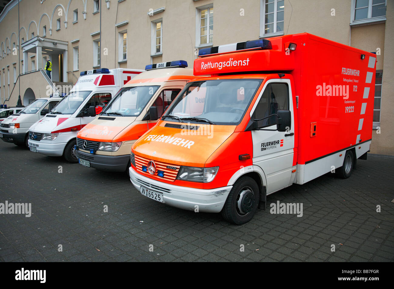 health, emergency treatment, ambulance of the German Red Cross and fire dept crew car of the fire brigade, football stadium, grand stand, Stadium Am Zoo in Wuppertal, Wuppertaler SV Borussia, D-Wuppertal, D-Wuppertal-Sonnborn, Wupper, Bergisches Land, Nor Stock Photo