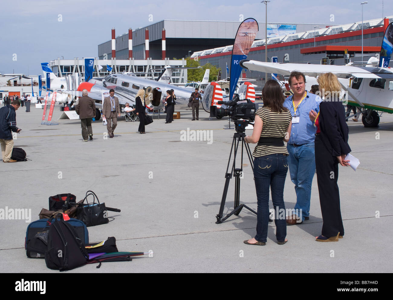 Video Film Crew at the Ebace Business Jet Aircraft Trade Show at Geneva Airport Switzerland Geneve Suisse Stock Photo