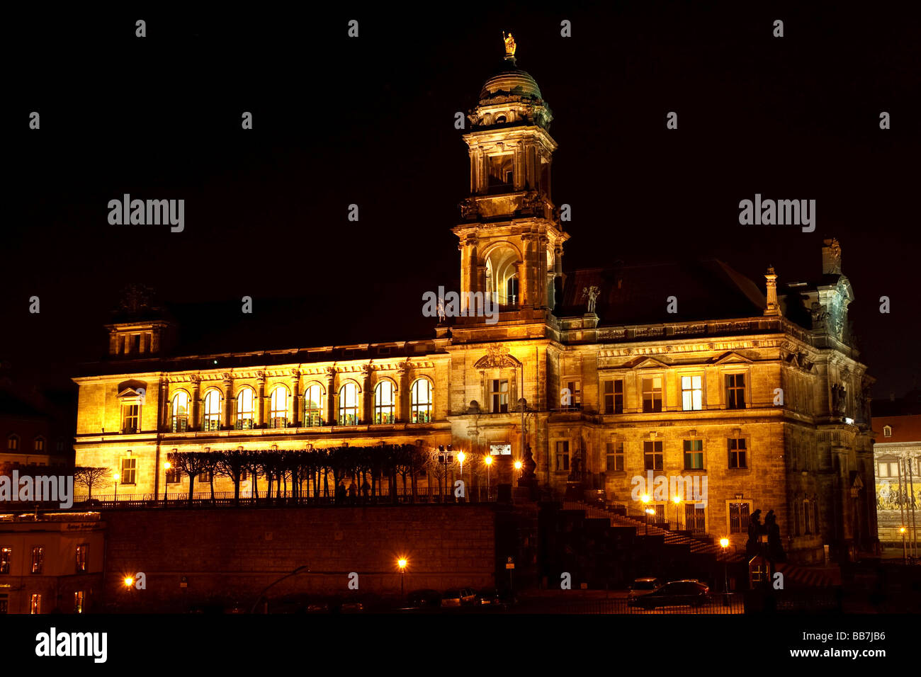 Staendehaus, Bruehl's Terrace at night, Dresden, Saxony, Germany, Europe Stock Photo