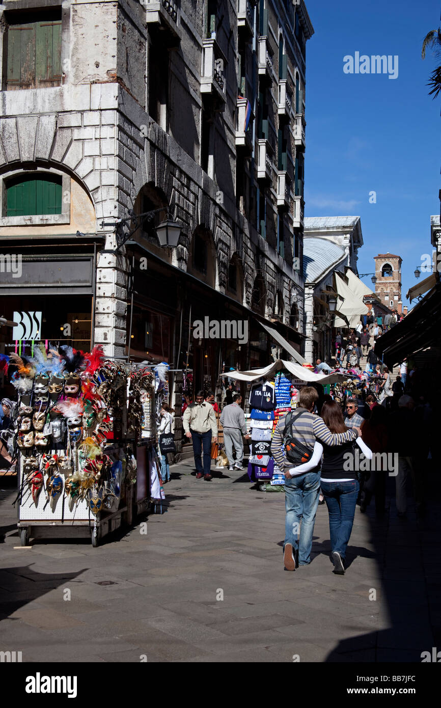 Stalls in street leading to Rialto Bridge Venice Italy Stock Photo