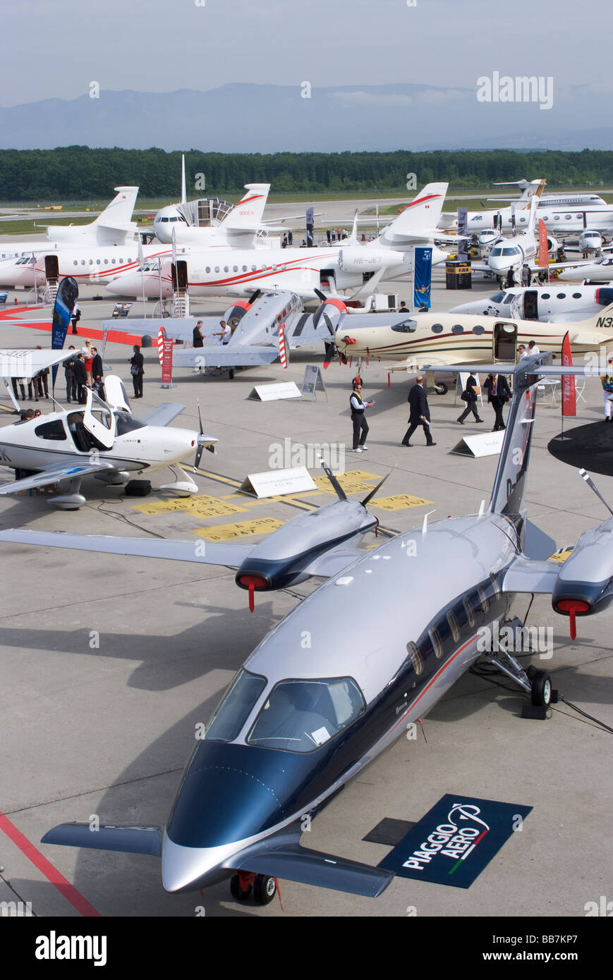 Turboprop and Jet Business Jets at EBACE Aircraft Trade Show at Geneva Airport Switzerland Geneve Suisse Stock Photo