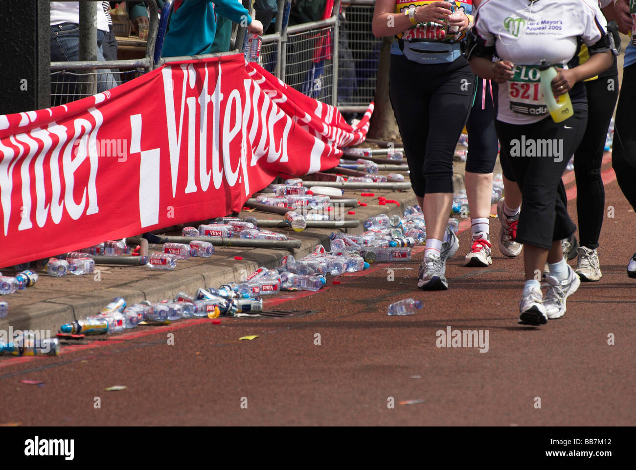 Discarded drinks bottles - London Marathon 2009. Stock Photo