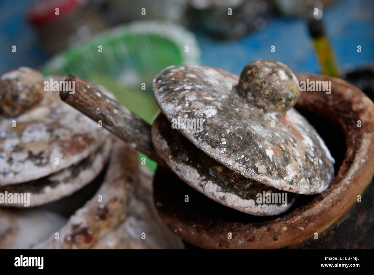 lime wood pots for betel Stock Photo