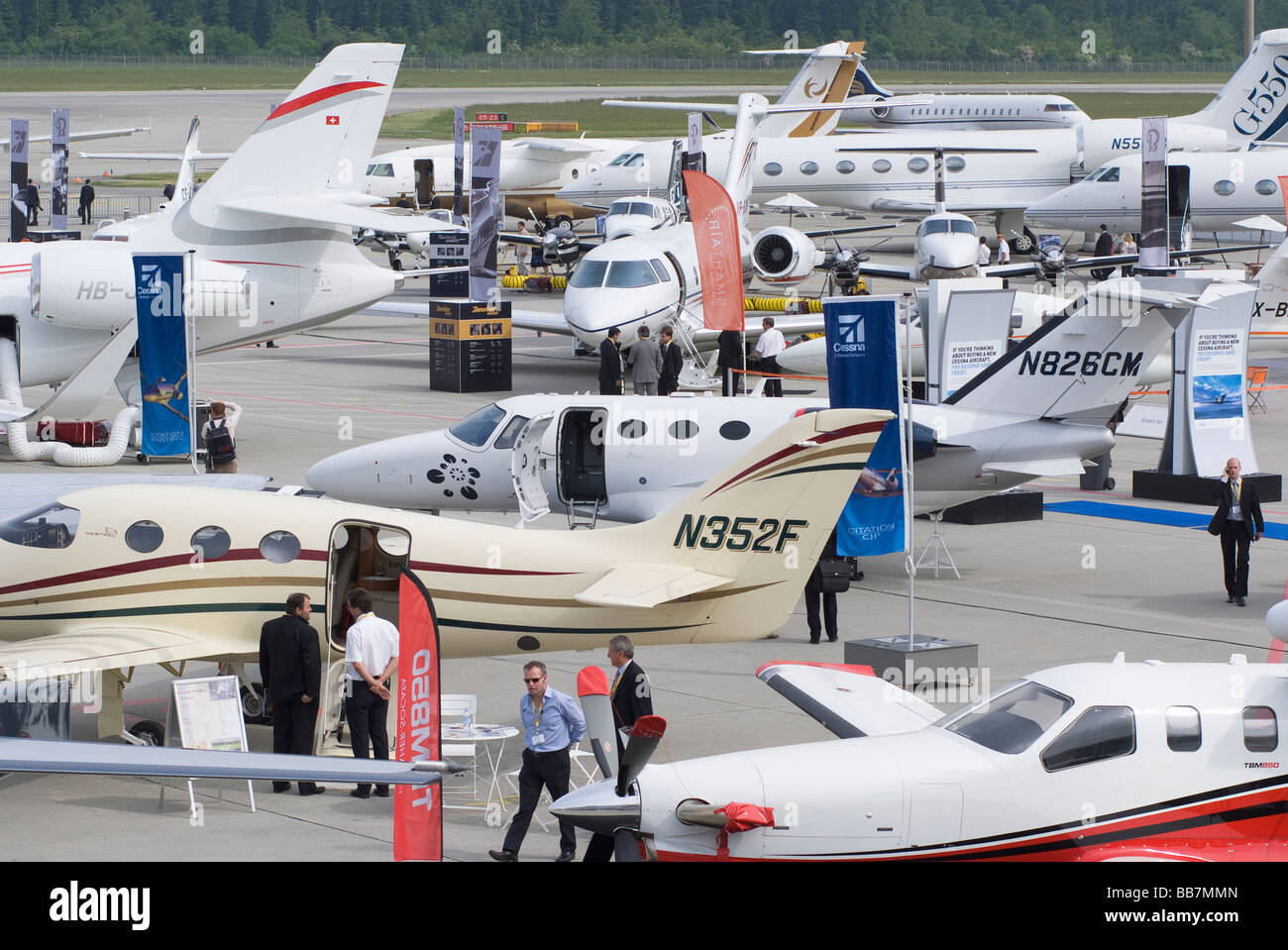 Executive Business Jets and Turboprop Aeroplanes at EBACE Aircraft Trade Show at Geneva Airport Switzerland Geneve Suisse Stock Photo