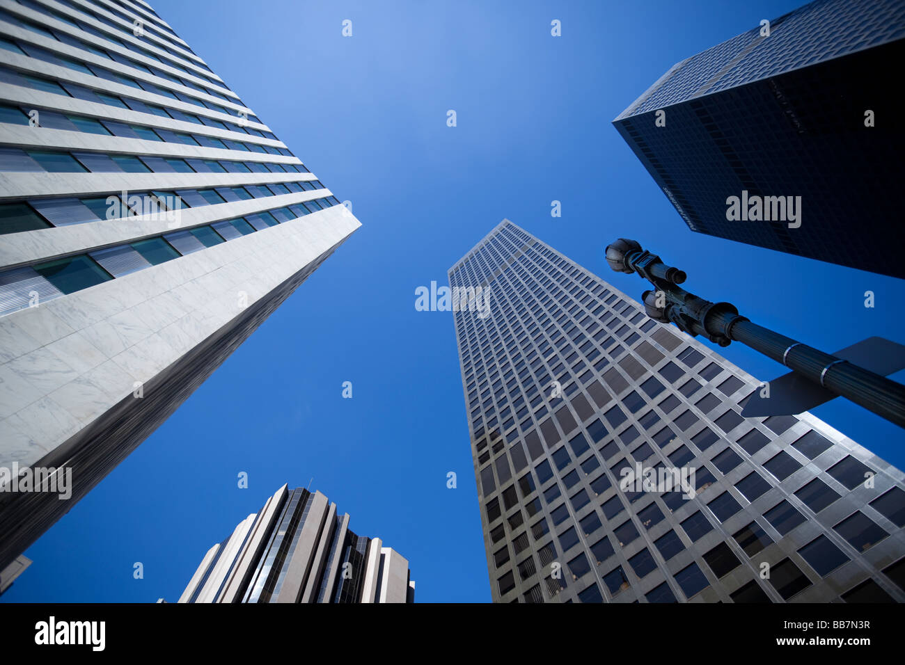 Skyscrapers' rooftops in downtown Los Angeles City Business District, California, USA. Stock Photo